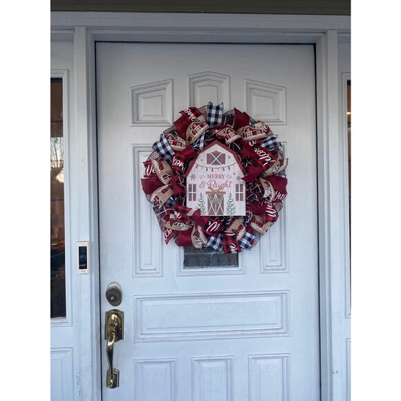 Merry & Bright Barn Christmas Wreath • Red Truck Farmhouse Holiday Door Decor - Picture 7 of 7